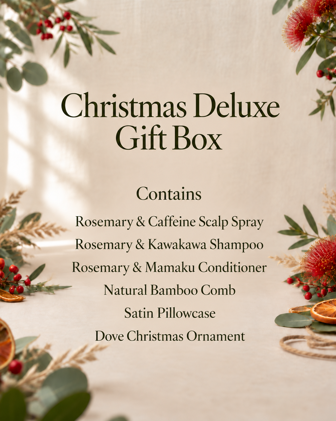 Christmas Deluxe Gift Box contents: scalp spray, shampoo, conditioner, bamboo comb, satin pillowcase and dove ornament