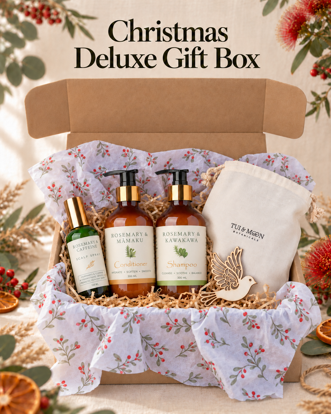 Christmas Deluxe Gift Box with rosemary shampoo, conditioner and scalp spray