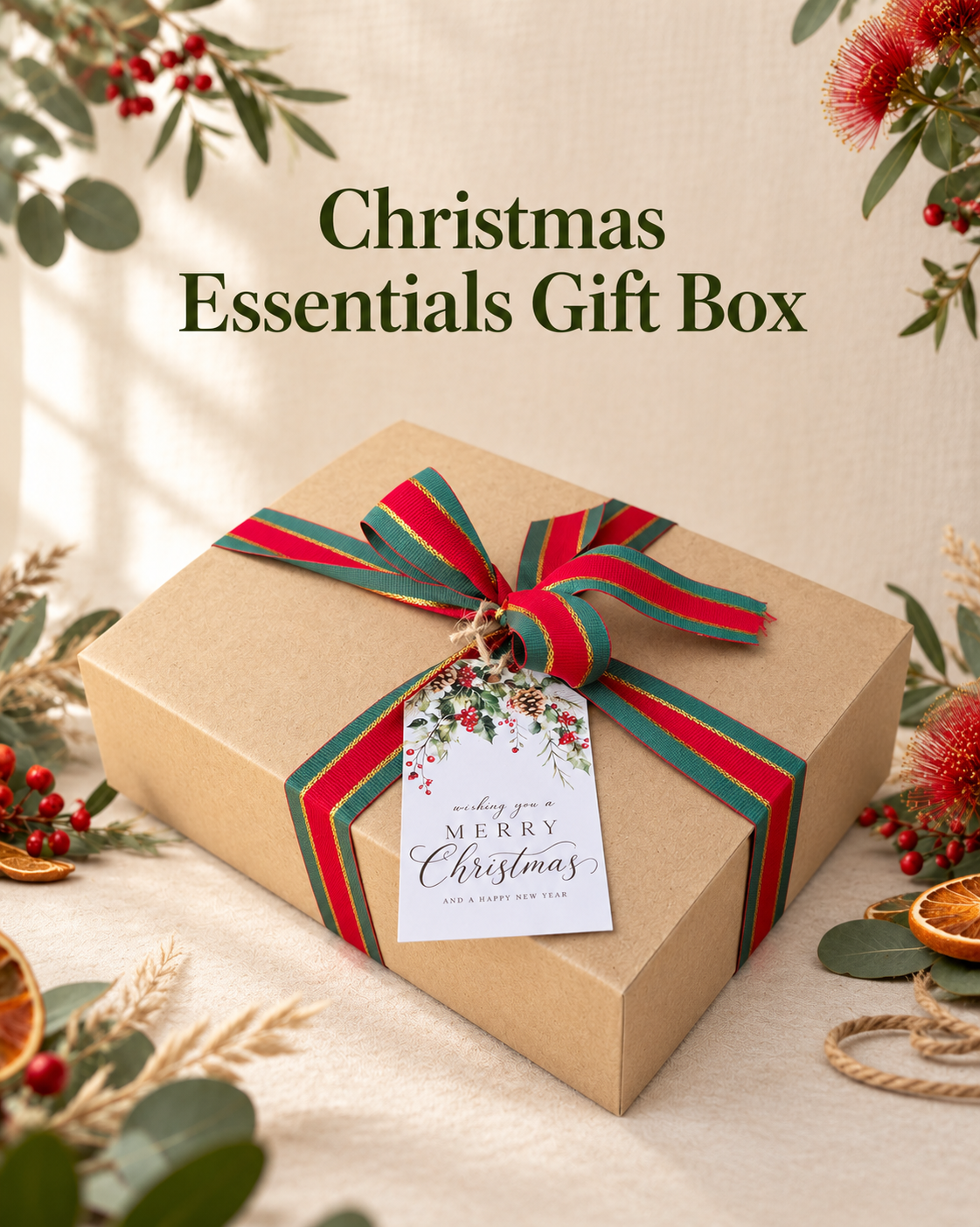 Christmas Essentials Gift Box surrounded by festive botanicals